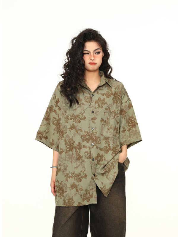 Vintage Floral Short Sleeve Shirt for Women - Retro American Style, Loose Fit, Trendy Summer Top, 90s Inspired Fashion