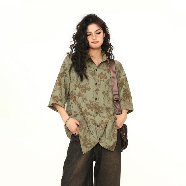 Vintage Floral Short Sleeve Shirt for Women - Retro American Style, Loose Fit, Trendy Summer Top, 90s Inspired Fashion