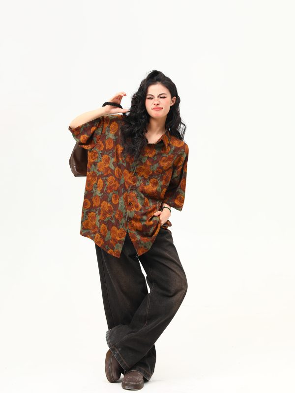 Vintage Floral Short Sleeve Shirt for Women - Retro Loose Fit Summer Top, Trendy Personality Style, 90s Inspired Fashion