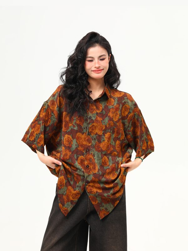 Vintage Floral Short Sleeve Shirt for Women - Retro Loose Fit Summer Top, Trendy Personality Style, 90s Inspired Fashion
