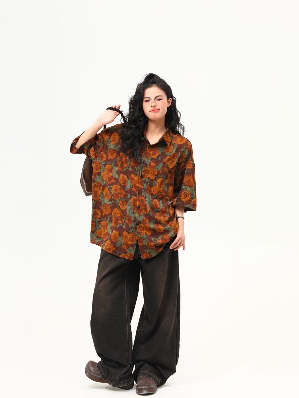Vintage Floral Short Sleeve Shirt for Women - Retro Loose Fit Summer Top, Trendy Personality Style, 90s Inspired Fashion