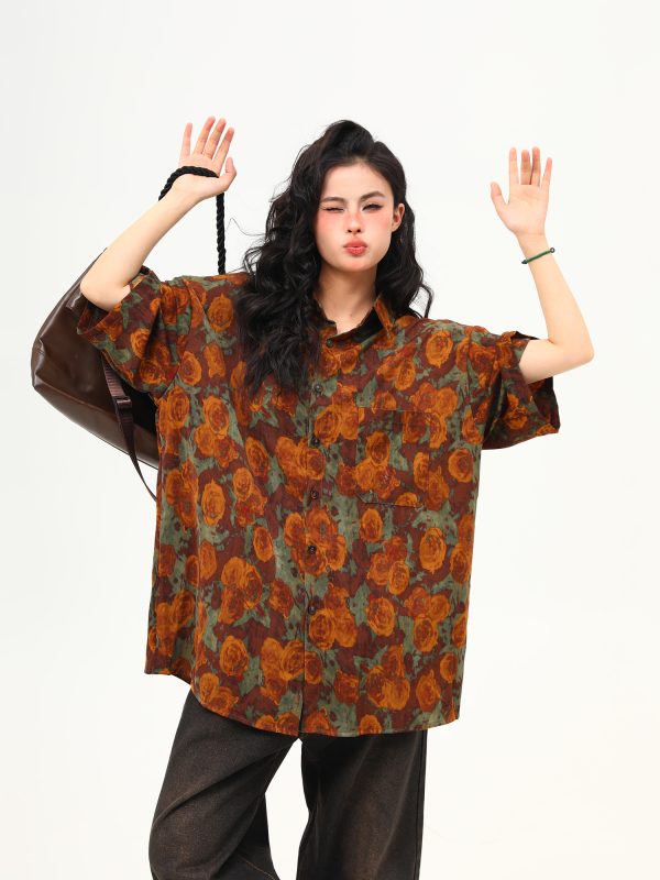 Vintage Floral Short Sleeve Shirt for Women - Retro Loose Fit Summer Top, Trendy Personality Style, 90s Inspired Fashion