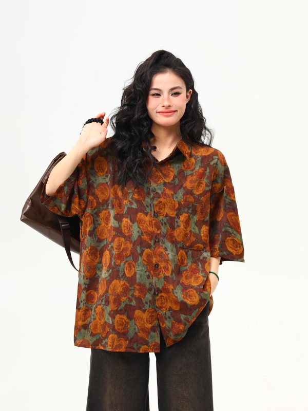 Vintage Floral Short Sleeve Shirt for Women - Retro Loose Fit Summer Top, Trendy Personality Style, 90s Inspired Fashion