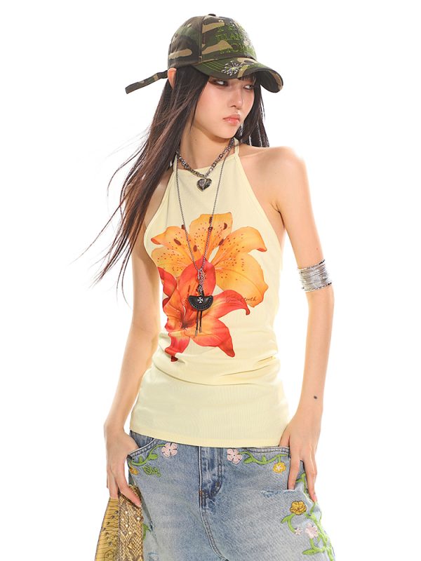 Vintage Floral Tie-Back Sleeveless Tank Top for Women - 90s Inspired Pure Desire Design