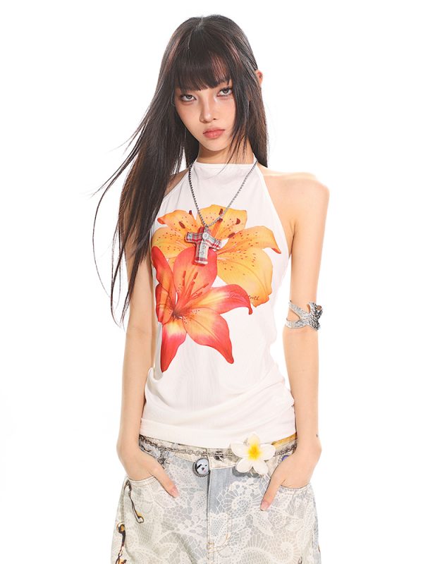 Vintage Floral Tie-Back Sleeveless Tank Top for Women - 90s Inspired Pure Desire Design