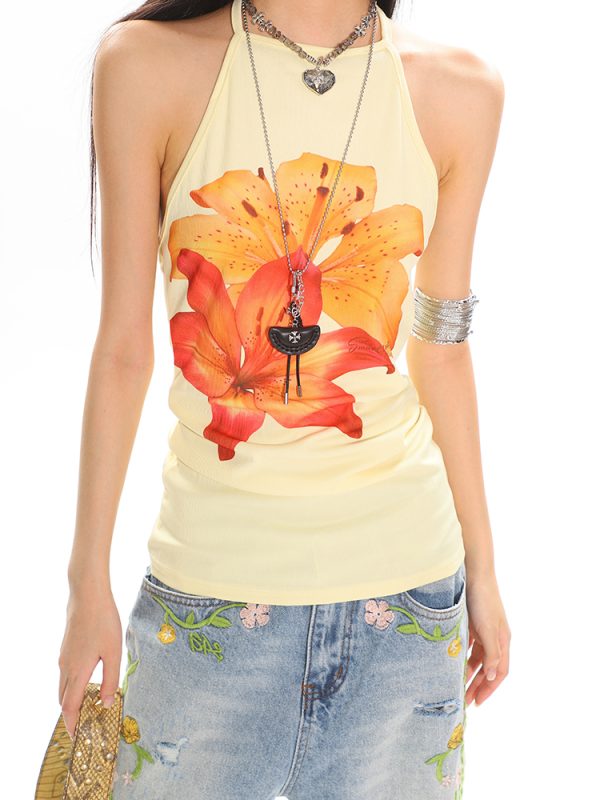 Vintage Floral Tie-Back Sleeveless Tank Top for Women - 90s Inspired Pure Desire Design