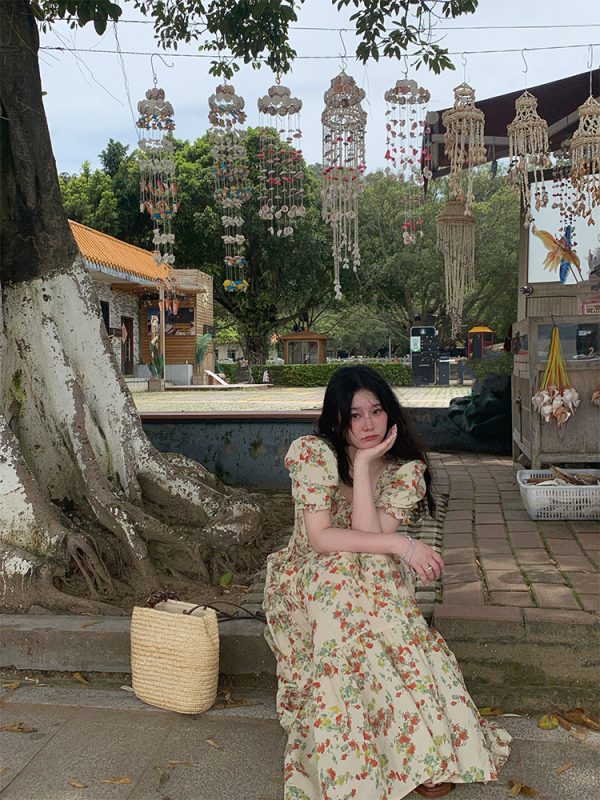Vintage French Floral Square Neck Big Hem Dress for Women - Summer Loose Princess Sleeve Long Dress - 90s Y2K Style