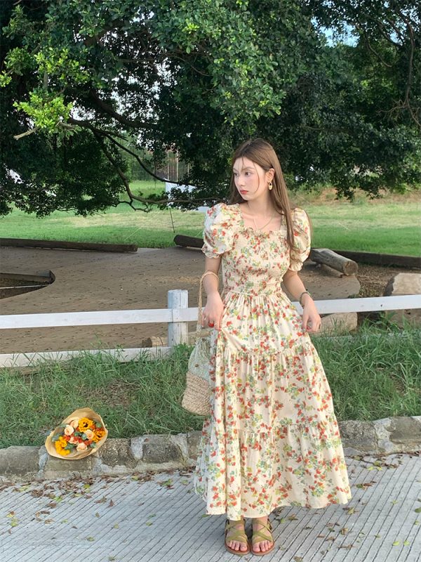 Vintage French Floral Square Neck Big Hem Dress for Women - Summer Loose Princess Sleeve Long Dress - 90s Y2K Style