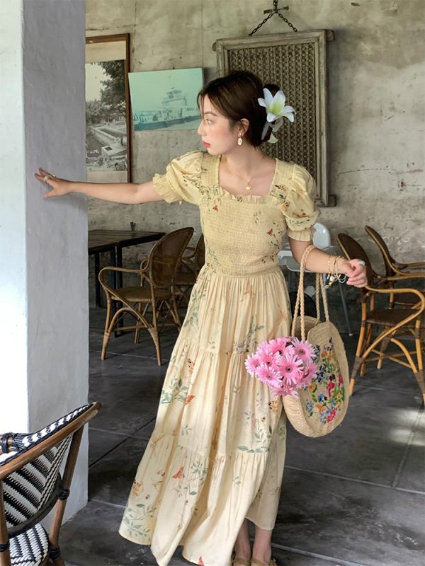Vintage French Floral Square Neck Big Hem Dress for Women - Summer Loose Princess Sleeve Long Dress - 90s Y2K Style