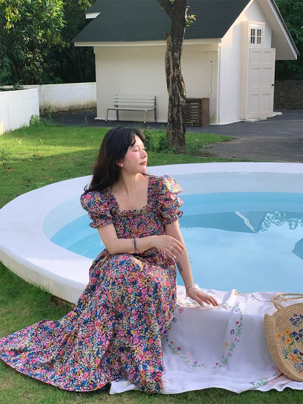 Vintage French Floral Square Neck Big Hem Dress for Women - Summer Loose Princess Sleeve Long Dress - 90s Y2K Style