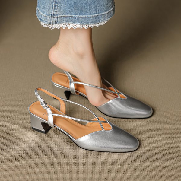 Vintage French Style Genuine Leather Mid-Heel Sandals for Women - Sweet Cross Strap Design, Slimming Fashion Footwear