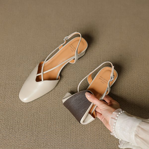 Vintage French Style Genuine Leather Mid-Heel Sandals for Women - Sweet Cross Strap Design, Slimming Fashion Footwear