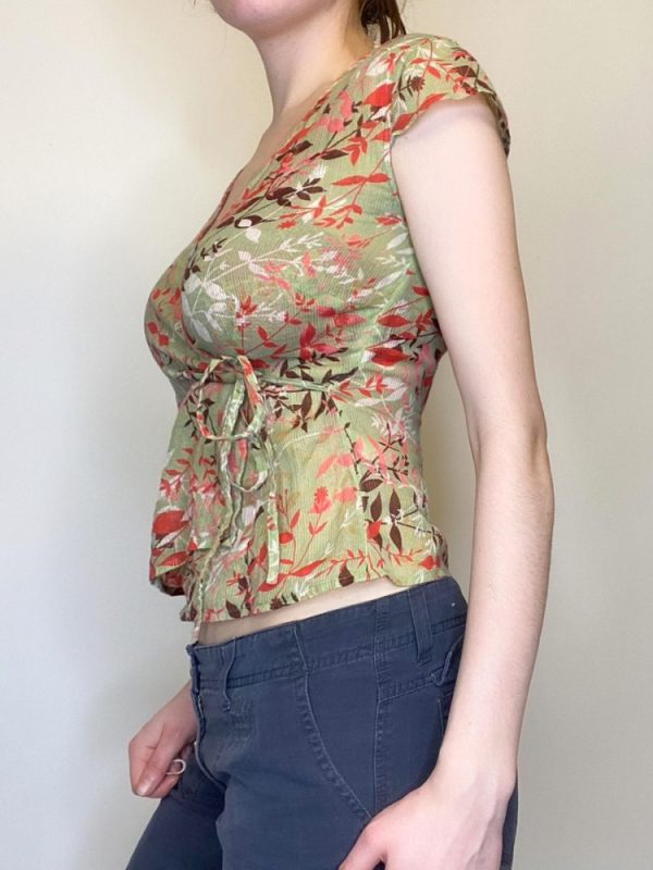 Vintage French Style Lace-Up Short Sleeve Top for Women - Dappled Branch Shadows Low V-Neck Waist-Defined T-Shirt - Summer Fashion