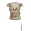Vintage French Style Lace-Up Short Sleeve Top for Women - Dappled Branch Shadows Low V-Neck Waist-Defined T-Shirt - Summer Fashion