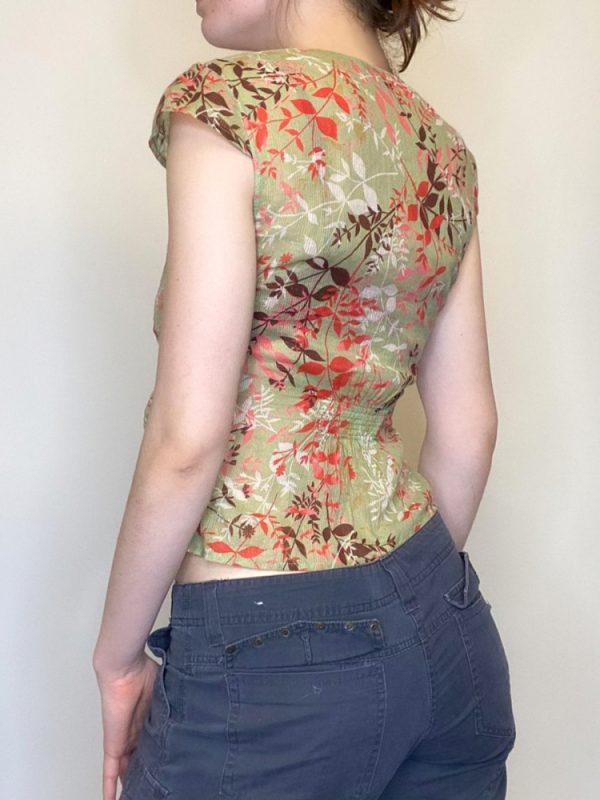 Vintage French Style Lace-Up Short Sleeve Top for Women - Dappled Branch Shadows Low V-Neck Waist-Defined T-Shirt - Summer Fashion