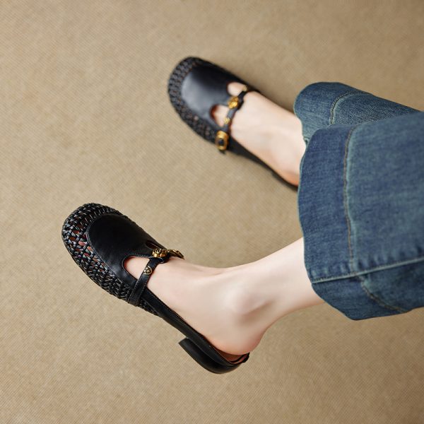 Vintage French Style Women's Genuine Leather Woven Camellia Mules - Mid-Heel Closed-Toe Slippers