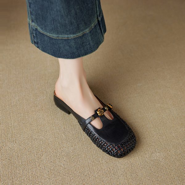 Vintage French Style Women's Genuine Leather Woven Camellia Mules - Mid-Heel Closed-Toe Slippers