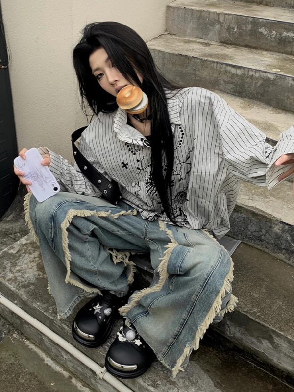 Vintage Graffiti Striped Long Sleeve Shirt Jacket for Women - Loose Punk Style Top, Y2K Fashion for Spring and Summer