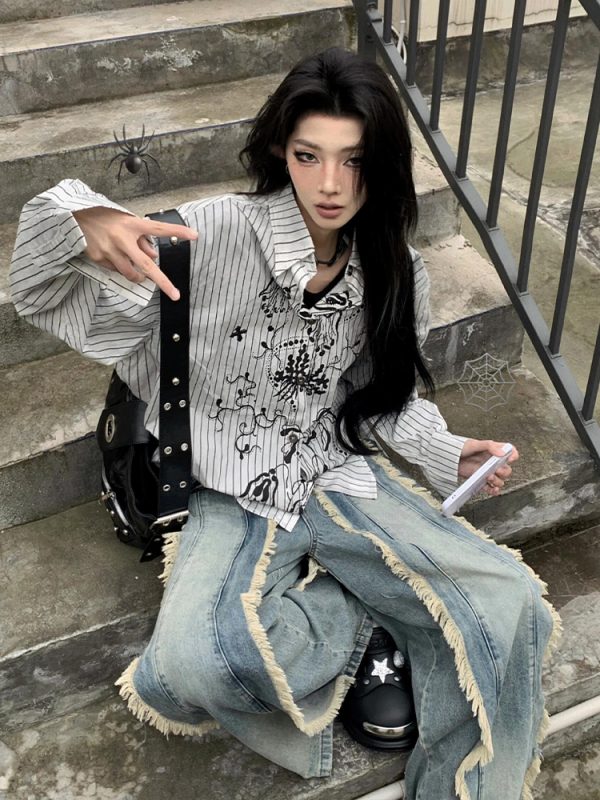 Vintage Graffiti Striped Long Sleeve Shirt Jacket for Women - Loose Punk Style Top, Y2K Fashion for Spring and Summer