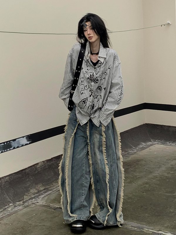 Vintage Graffiti Striped Long Sleeve Shirt Jacket for Women - Loose Punk Style Top, Y2K Fashion for Spring and Summer