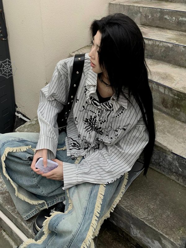 Vintage Graffiti Striped Long Sleeve Shirt Jacket for Women - Loose Punk Style Top, Y2K Fashion for Spring and Summer