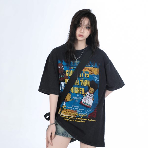 Vintage Gray Heavy-Duty Short Sleeve T-Shirt for Women â€“ Loose Fit American High Street Summer Top Trend