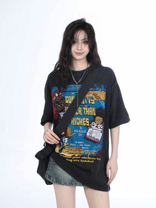 Vintage Gray Heavy-Duty Short Sleeve T-Shirt for Women â€“ Loose Fit American High Street Summer Top Trend
