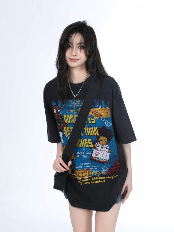 Vintage Gray Heavy-Duty Short Sleeve T-Shirt for Women â€“ Loose Fit American High Street Summer Top Trend