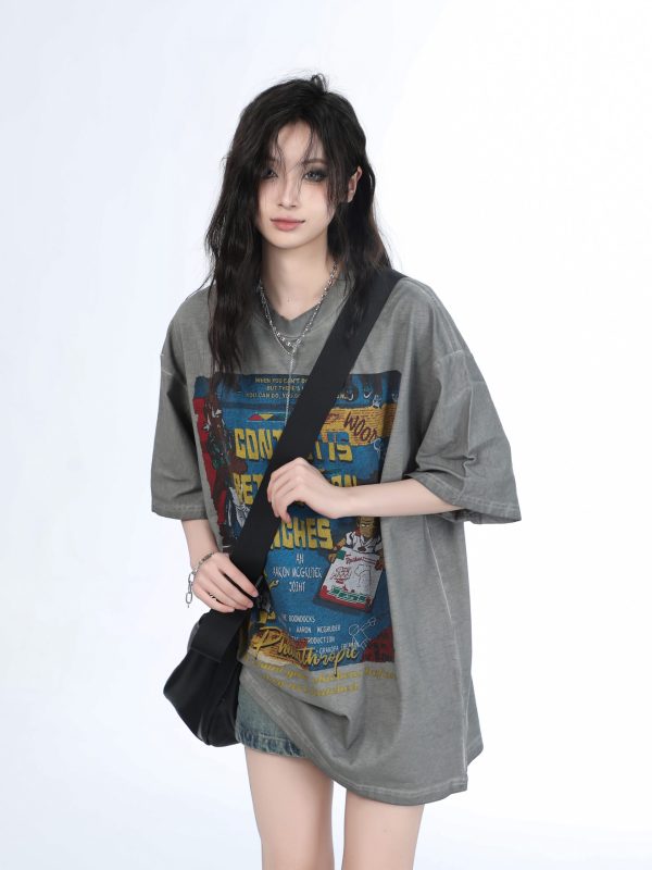 Vintage Gray Heavy-Duty Short Sleeve T-Shirt for Women â€“ Loose Fit American High Street Summer Top Trend