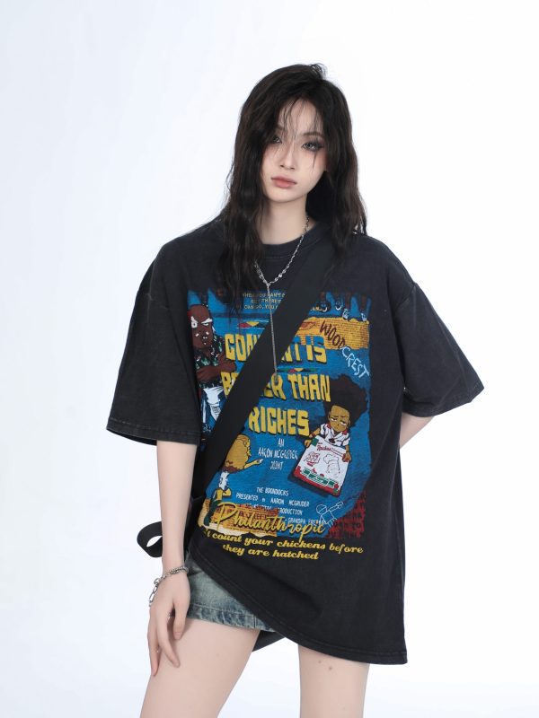 Vintage Gray Heavy-Duty Short Sleeve T-Shirt for Women â€“ Loose Fit American High Street Summer Top Trend