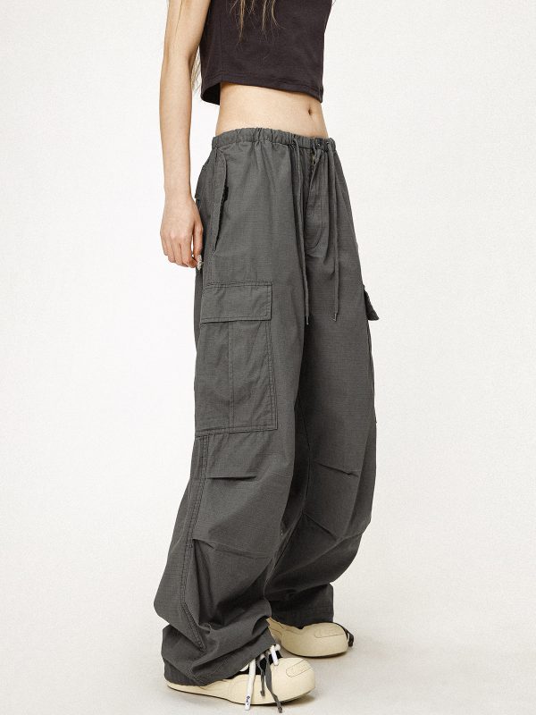 Vintage Gray Loose Fit Paratrooper Work Pants for Men and Women | Casual Floor-Length Niche Style Trousers
