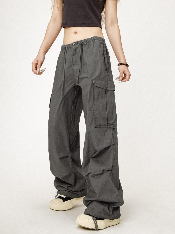 Vintage Gray Loose Fit Paratrooper Work Pants for Men and Women | Casual Floor-Length Niche Style Trousers