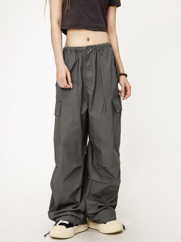 Vintage Gray Loose Fit Paratrooper Work Pants for Men and Women | Casual Floor-Length Niche Style Trousers