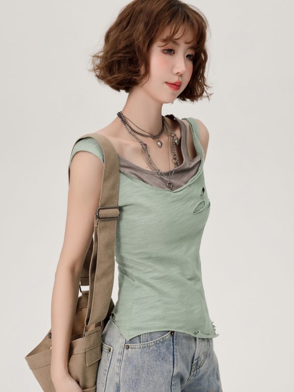 Vintage Green Fake Two-Piece Cami Top for Women - Summer Hot Girl Style, Ripped Design, Trendy Niche Fashion