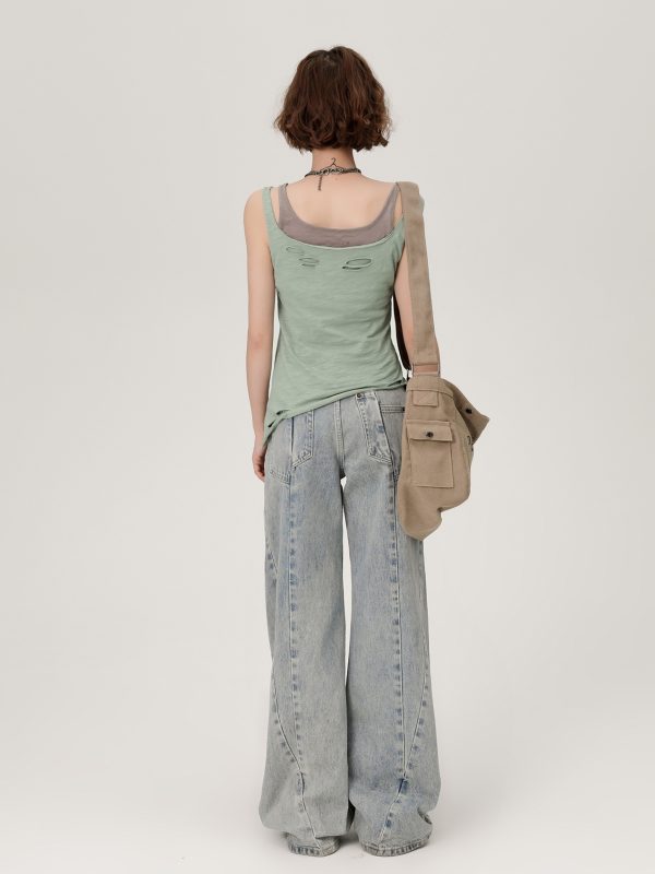 Vintage Green Fake Two-Piece Cami Top for Women - Summer Hot Girl Style, Ripped Design, Trendy Niche Fashion