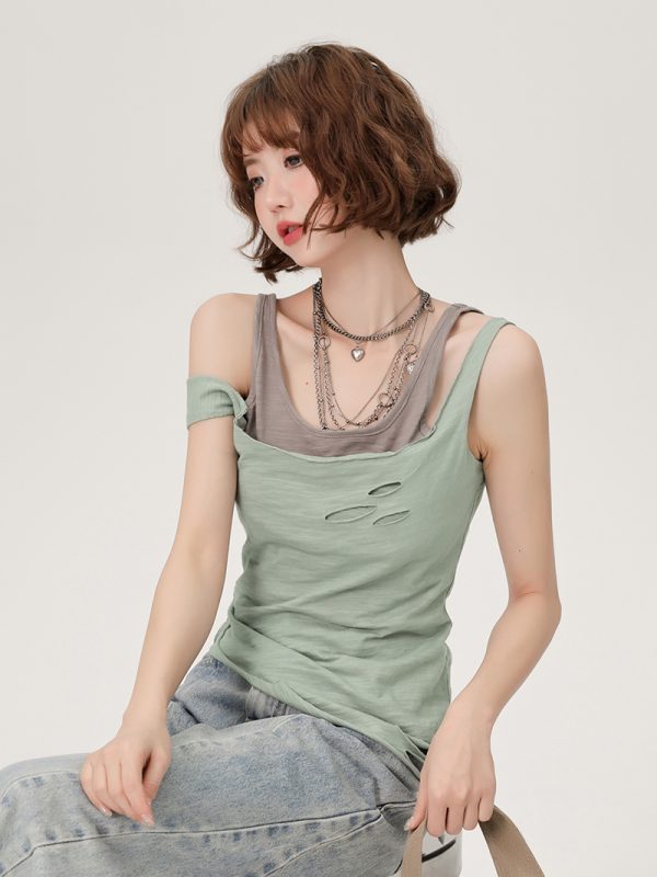 Vintage Green Fake Two-Piece Cami Top for Women - Summer Hot Girl Style, Ripped Design, Trendy Niche Fashion