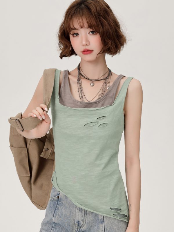 Vintage Green Fake Two-Piece Cami Top for Women - Summer Hot Girl Style, Ripped Design, Trendy Niche Fashion