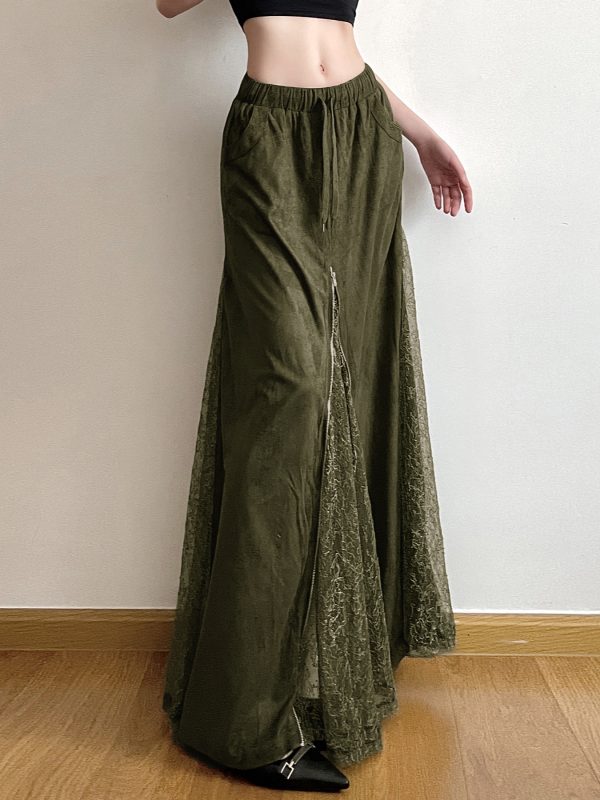 Vintage Green Wilderness Redemption Long Skirt for Women - Zipper Lace Splicing Straight Tube Half Skirt, Boho Chic Style