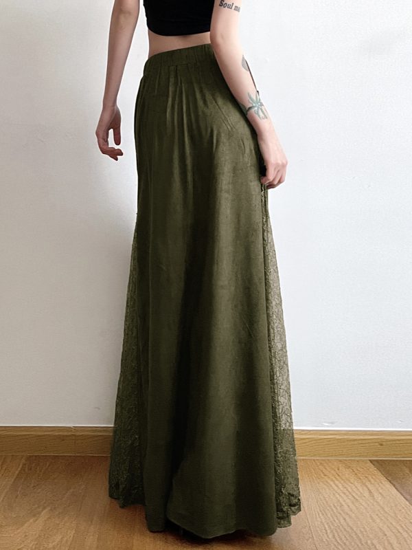 Vintage Green Wilderness Redemption Long Skirt for Women - Zipper Lace Splicing Straight Tube Half Skirt, Boho Chic Style