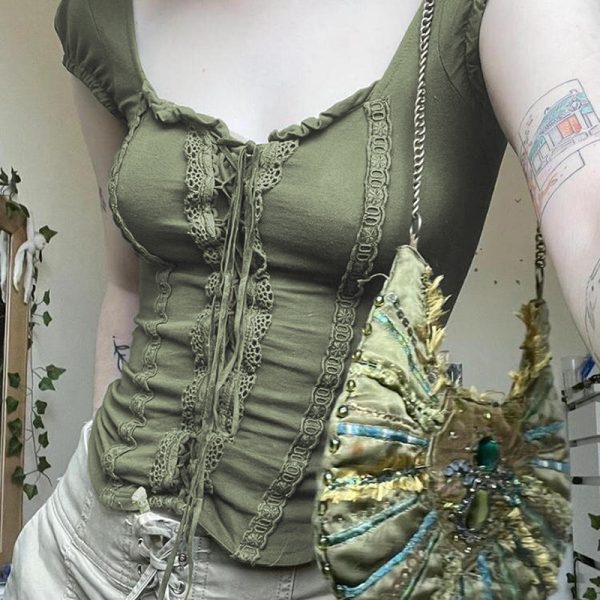 Vintage Green Wilderness Redemption Long Skirt for Women - Zipper Lace Splicing Straight Tube Half Skirt, Boho Chic Style