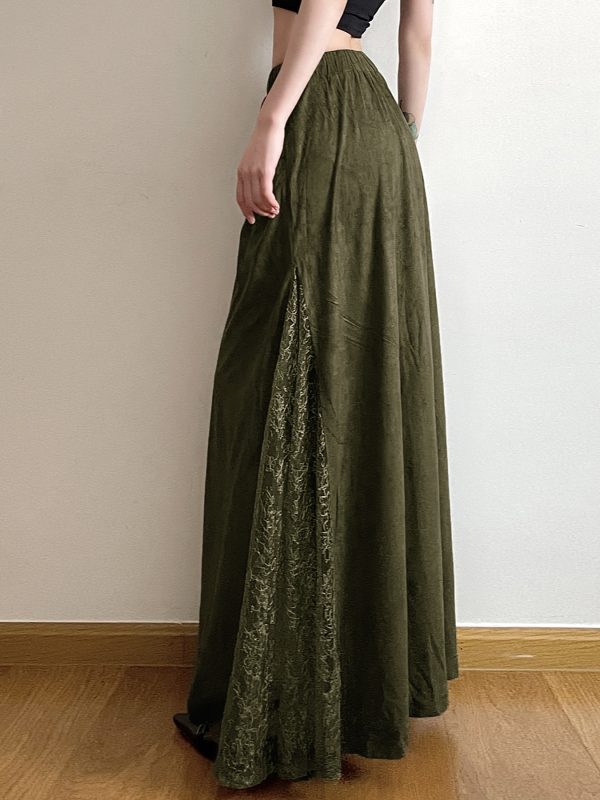 Vintage Green Wilderness Redemption Long Skirt for Women - Zipper Lace Splicing Straight Tube Half Skirt, Boho Chic Style
