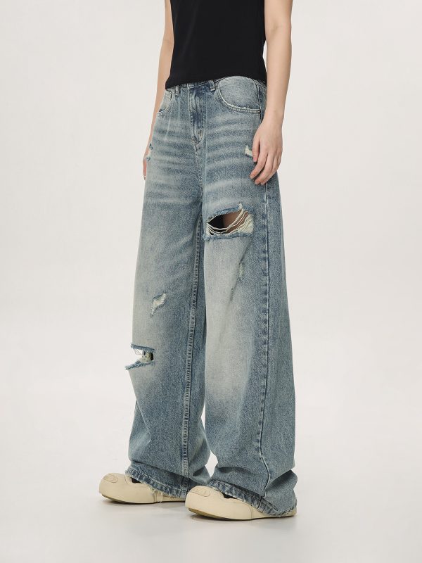Vintage High Street Distressed Ripped Jeans for Women - Casual Wide-Leg Straight Loose Pants, Y2K Inspired Fashion