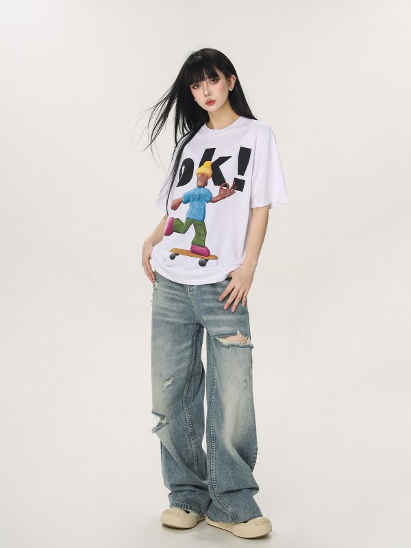 Vintage High Street Distressed Ripped Jeans for Women - Casual Wide-Leg Straight Loose Pants, Y2K Inspired Fashion