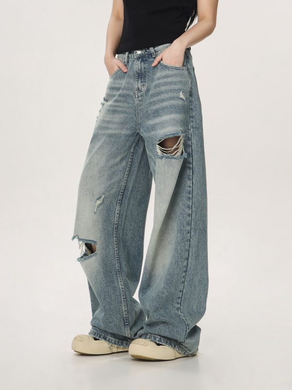Vintage High Street Distressed Ripped Jeans for Women - Casual Wide-Leg Straight Loose Pants, Y2K Inspired Fashion