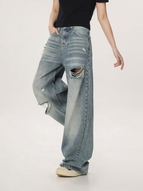 Vintage High Street Distressed Ripped Jeans for Women - Casual Wide-Leg Straight Loose Pants, Y2K Inspired Fashion
