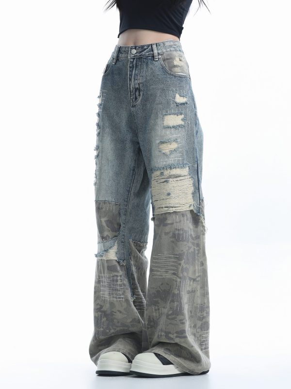 Vintage High Street Wide-Leg Ripped Camouflage Jeans for Women - Heavy-Duty Patchwork Floor-Length Pants, 90s Inspired Fashion