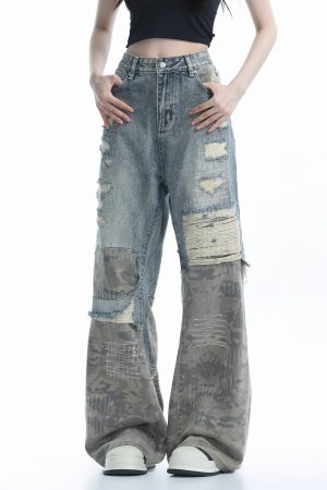 Vintage High Street Wide-Leg Ripped Camouflage Jeans for Women - Heavy-Duty Patchwork Floor-Length Pants, 90s Inspired Fashion