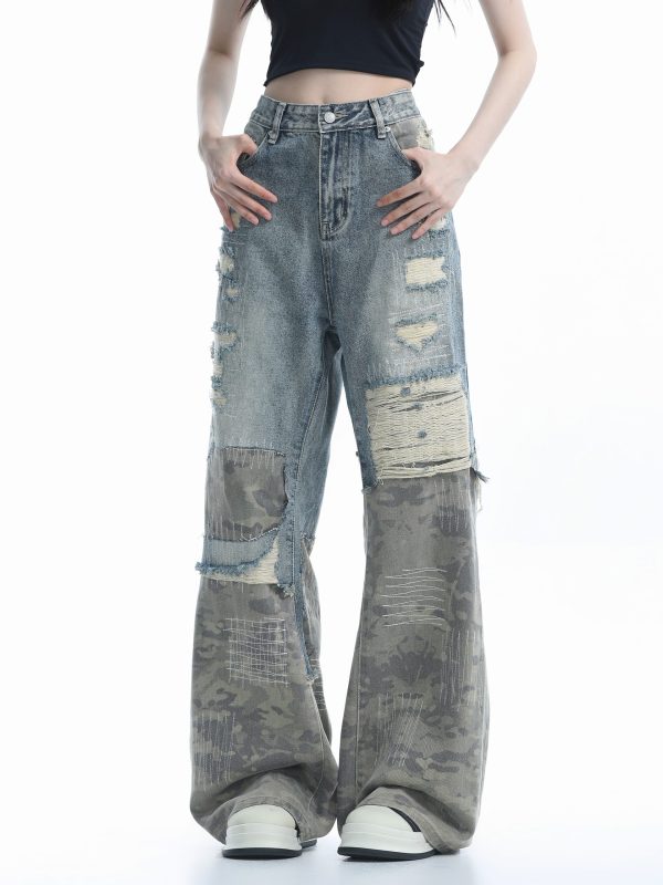 Vintage High Street Wide-Leg Ripped Camouflage Jeans for Women - Heavy-Duty Patchwork Floor-Length Pants, 90s Inspired Fashion