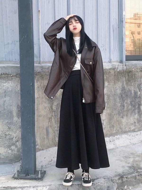 Vintage High-Waisted Black Flared Skirt for Women, Ankle-Length Slimming Design, Perfect for Spring and Summer 2025