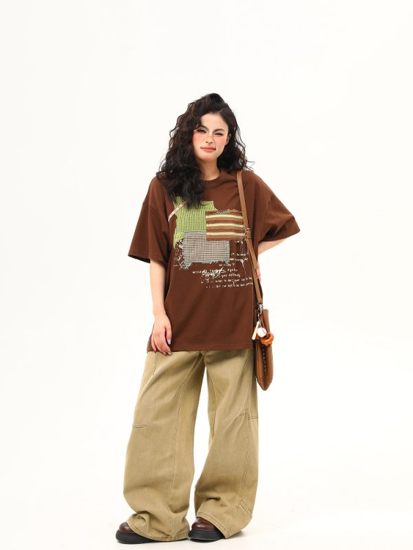 Vintage-Inspired American Patch Design Short Sleeve T-Shirt for Women - Trendy Summer Versatile Top